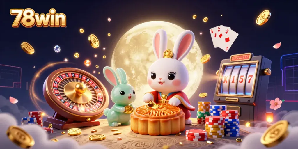 Experience thrilling gaming with 78win's moon rabbit illustration showcasing casino excitement and luck.