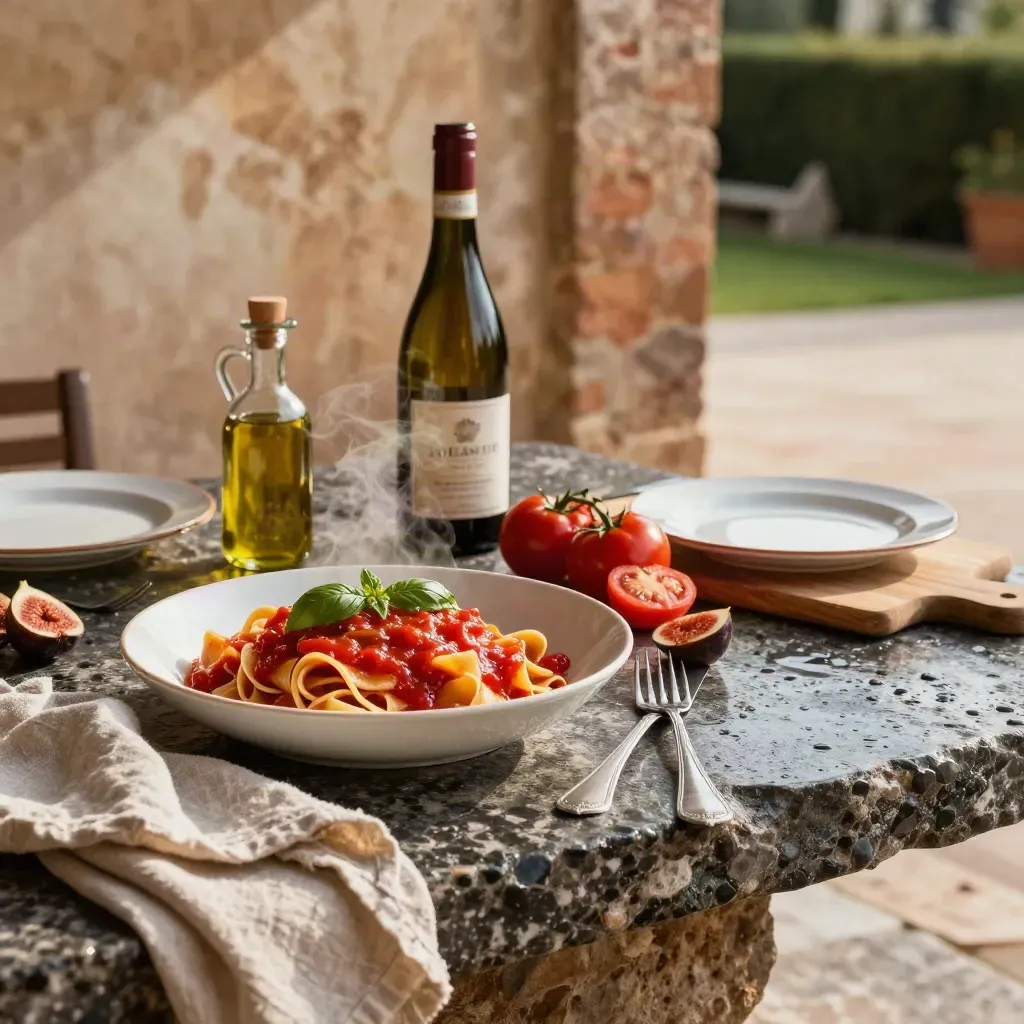 Pasta al pomodoro fumante su terrazza in pietra, Chianti e luce calda dopo la pioggia.