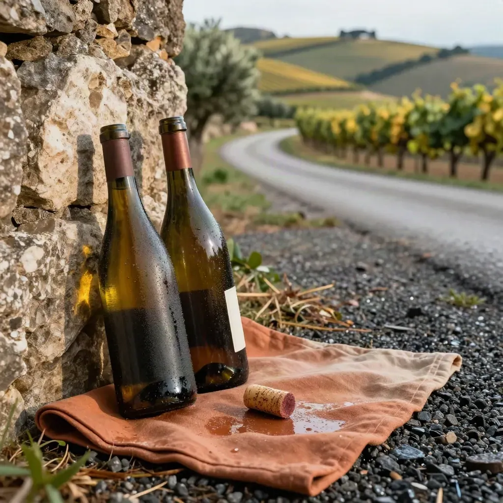 Due bottiglie impolverate, teli da picnic e strada di vigneto dopo il temporale.