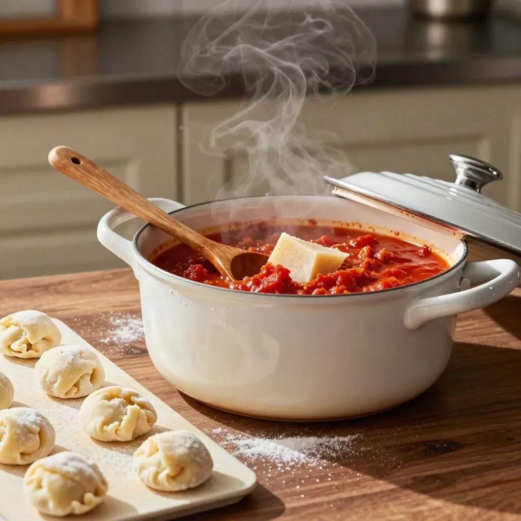 Pentola di ragù in ebollizione con gnocchi, vapore e cucchiaio di legno su piano caldo