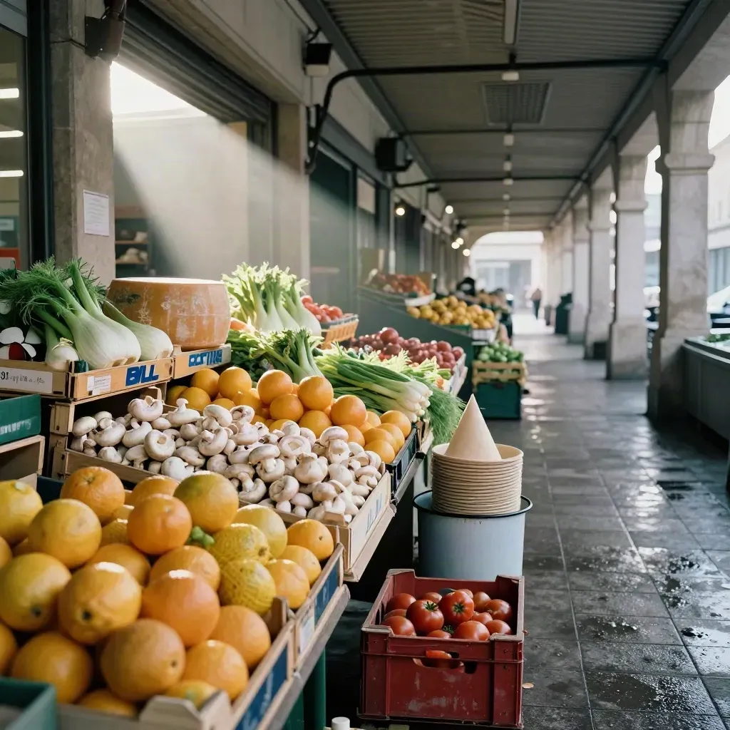 Corsia di mercato coperto all’alba con agrumi, funghi, finocchi e formaggio, vuota prima dell’apertura.