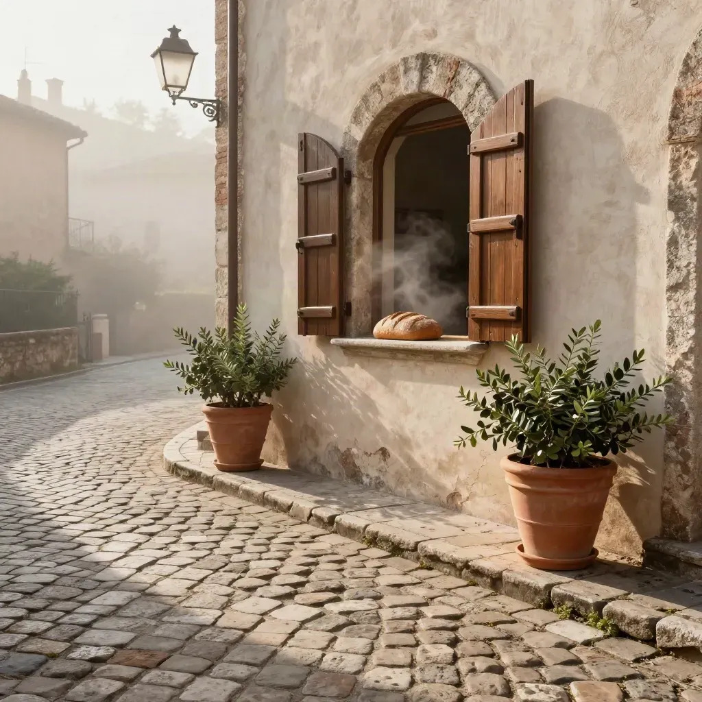 Vicolo umbro in pietra con forno aperto, vasi di terracotta e pane sul davanzale.