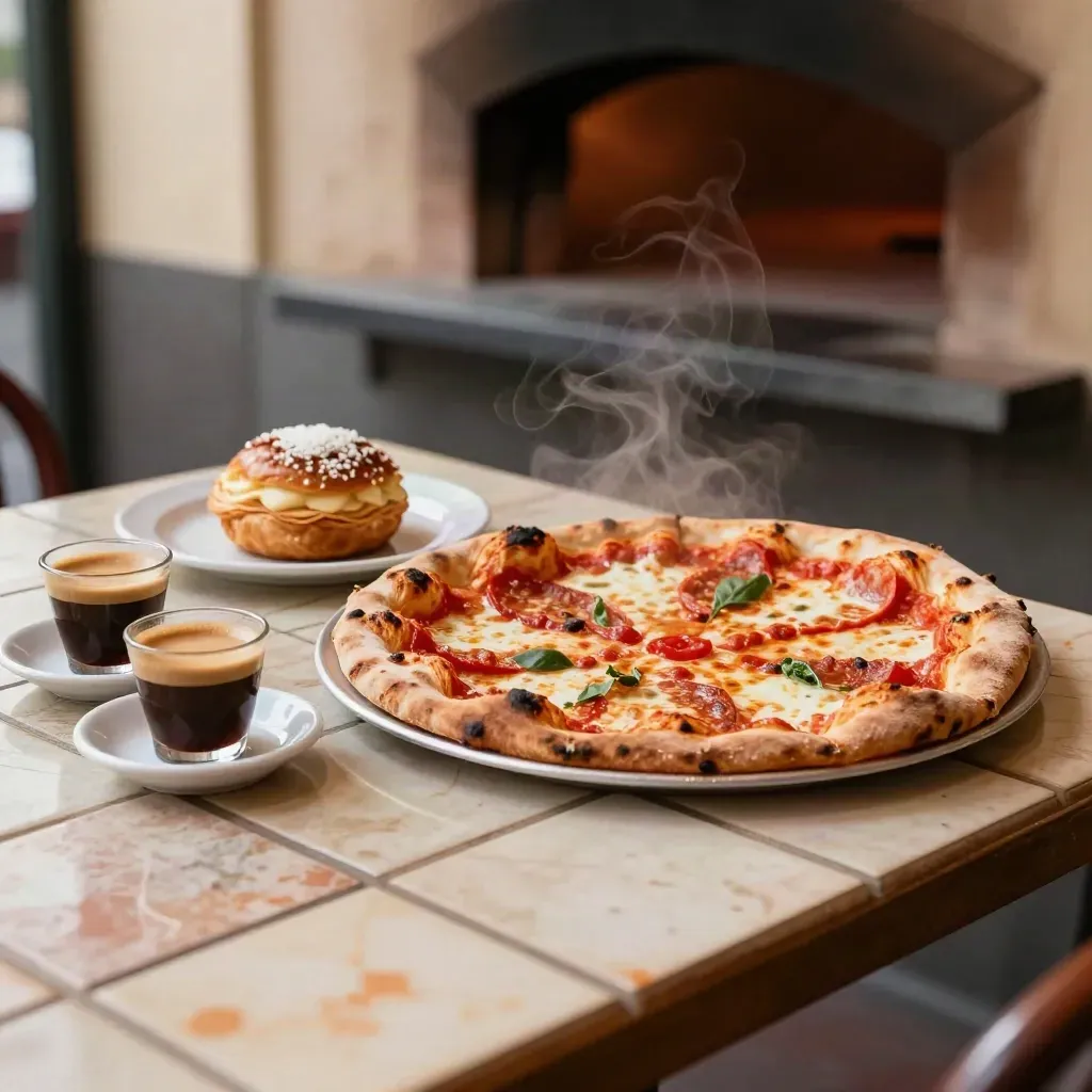 Pizza margherita, sfogliatella e caffè su tavolo in piastrelle, con vapore caldo.