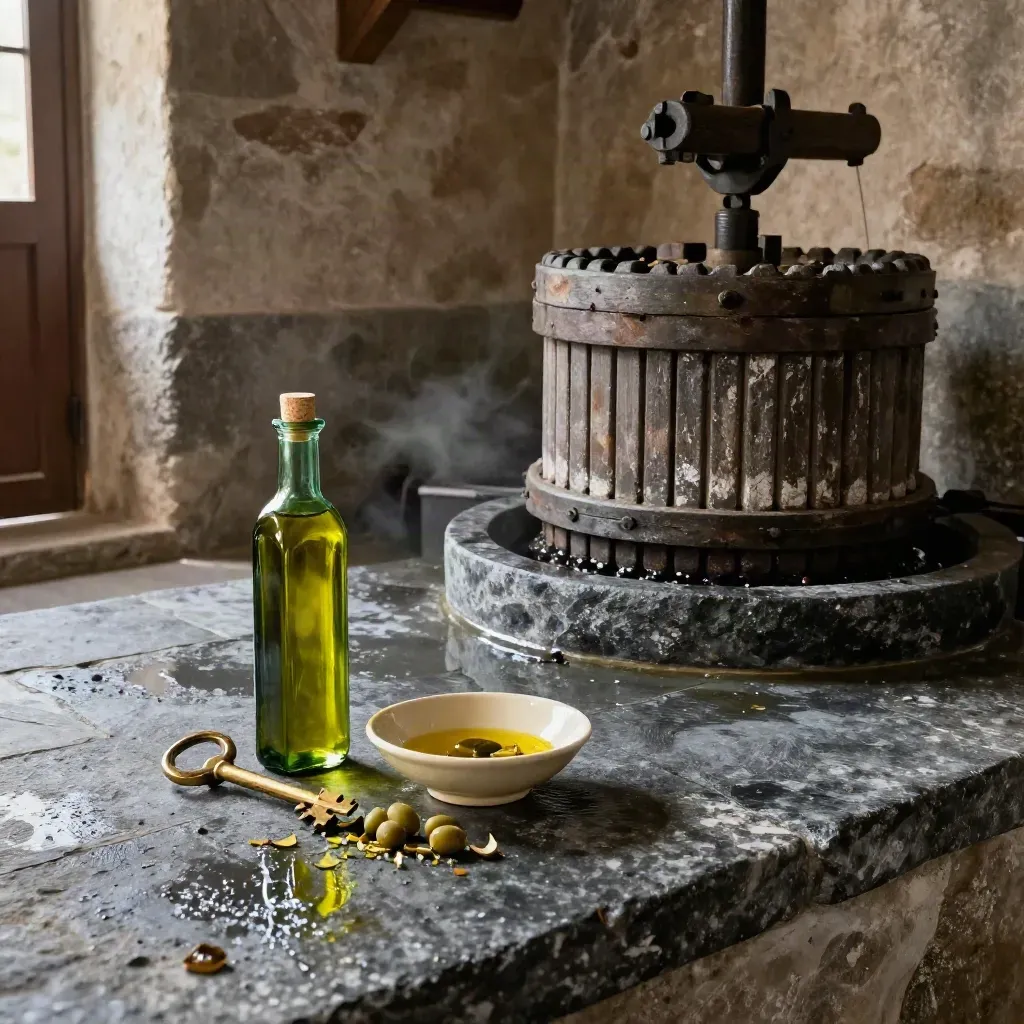 Antico frantoio ligure con bottiglia d’olio, coppetta in ceramica e olive schiacciate su pietra bagnata