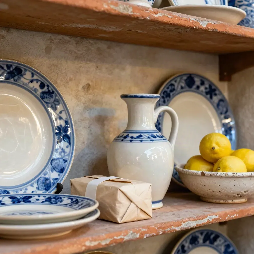 Mensola di ceramiche di Vietri con piatti dipinti, brocca, carta e ciotola di agrumi