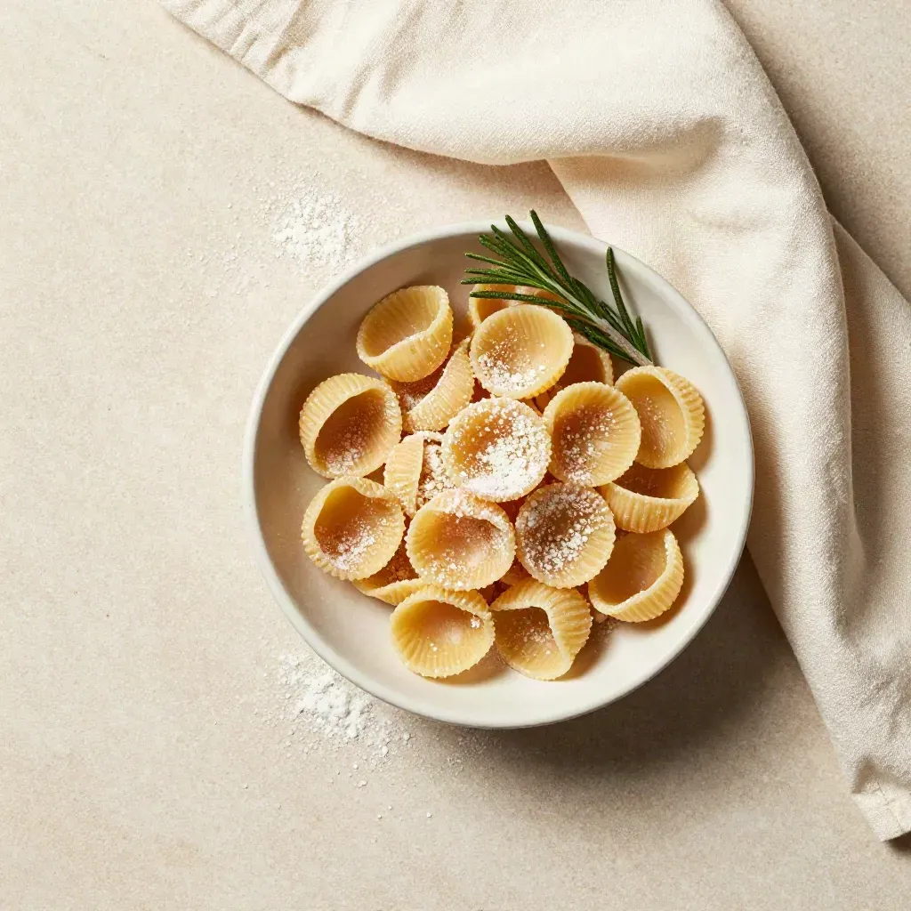 Orecchiette in ciotola di ceramica con rosmarino, semola e panno crema su pietra chiara.