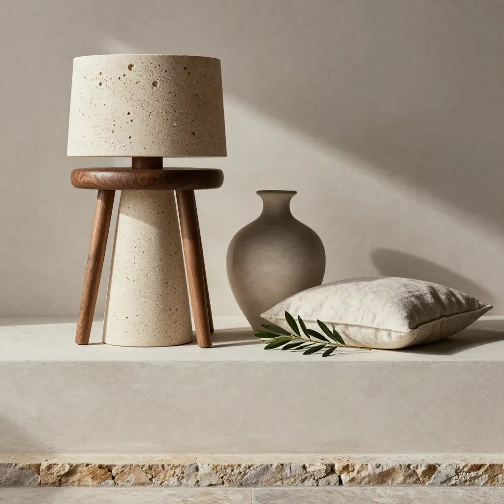 Lampada in travertino, vaso in ceramica, cuscino in lino e ramo d’ulivo su mensola chiara